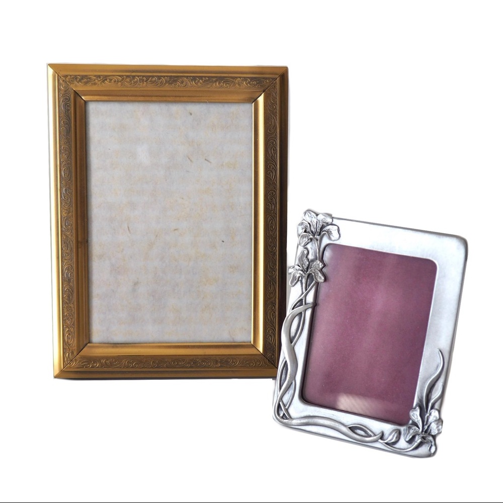 Vintage 1984 Seagull Pewter Iris Picture Frame and Gold Picture Frame Bundle